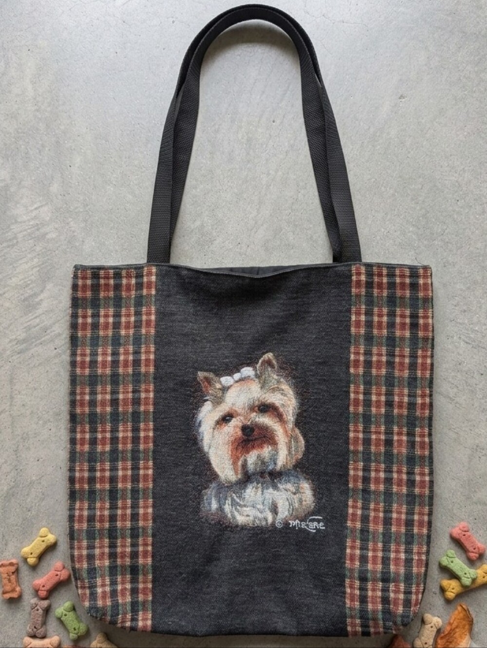 Yorkshire Terrier Portrait Tote Bag in Black and Plaid NWOT